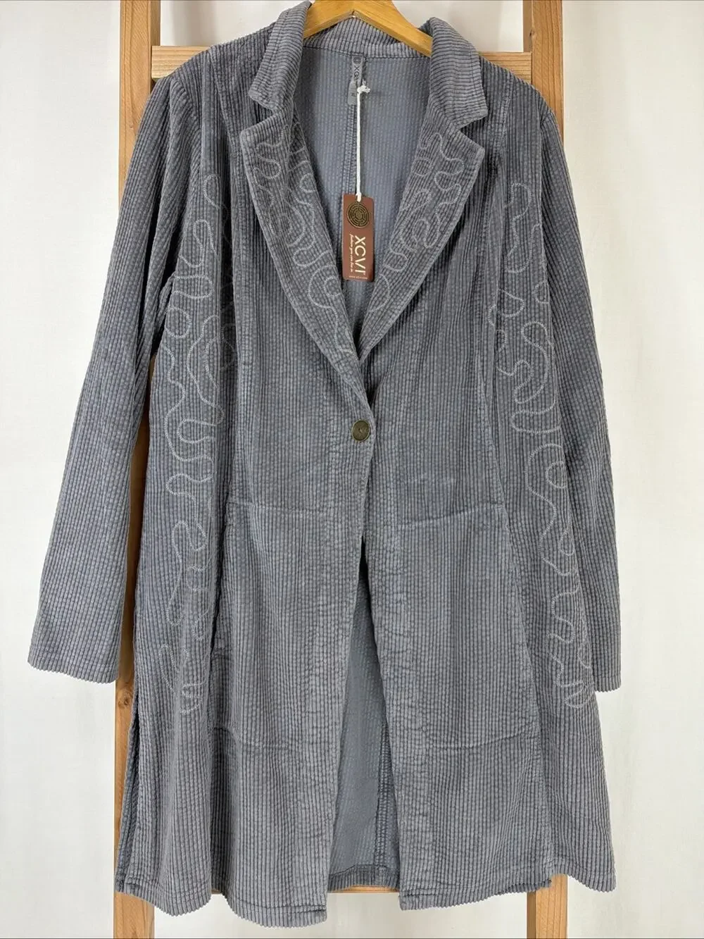 NWT XCVI Gray Corduroy Seam Detail Long Sleeve Button Long Duster #1197 Size XL